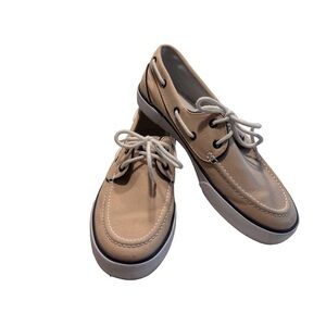 Polo Ralph Lauren Lander Woman’s Boat Shoes Lace Up Beige W/ Navy Accents